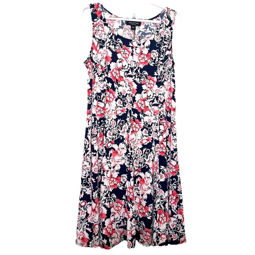 Perceptions NY Floral Dress Large Sleeveless Fit Flare Navy Pink Stretch